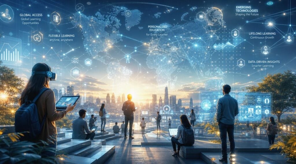 A digital illustration of diverse students using advanced technology for global e-learning and education in a futuristic city.