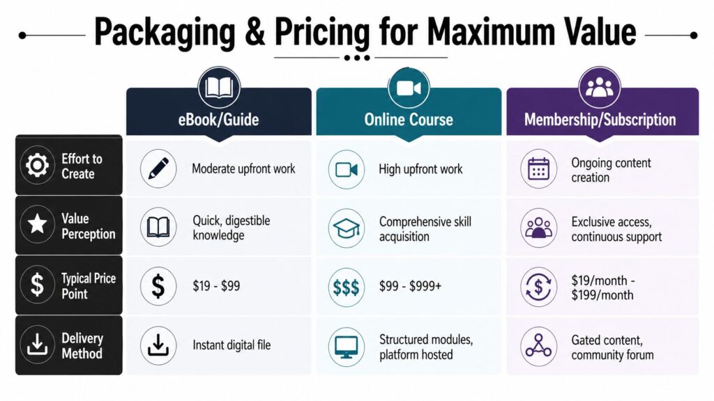 A comparison chart outlining packaging and pricing strategies for eBooks, online courses, and membership subscriptions.