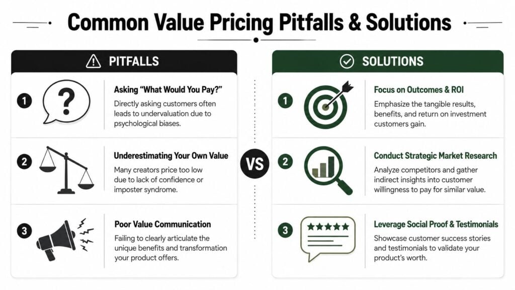 A comparison chart outlining common value pricing pitfalls versus effective strategic solutions for creators and businesses.