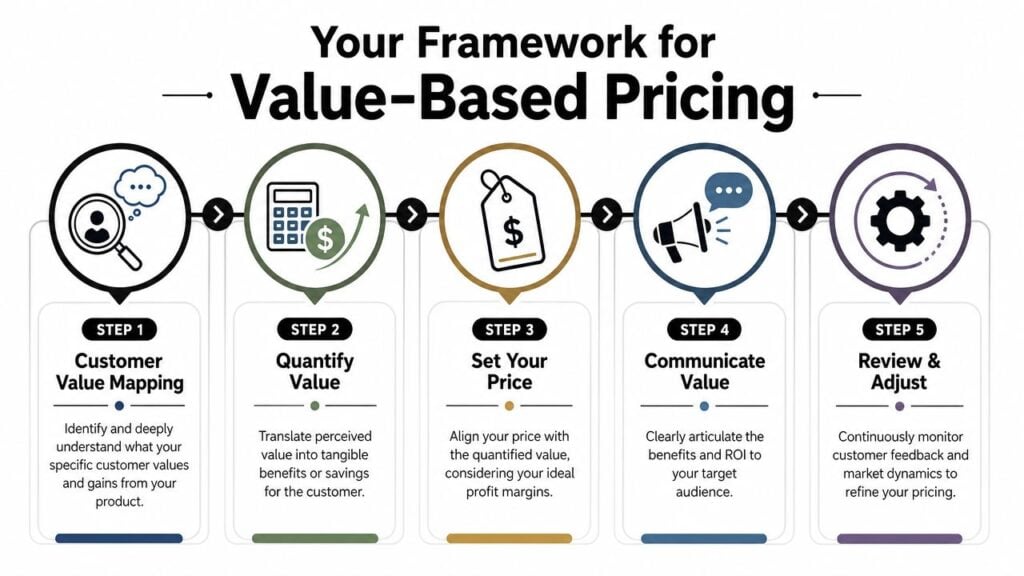 A five-step framework infographic illustrating the essential stages of implementing a value-based pricing strategy for businesses.