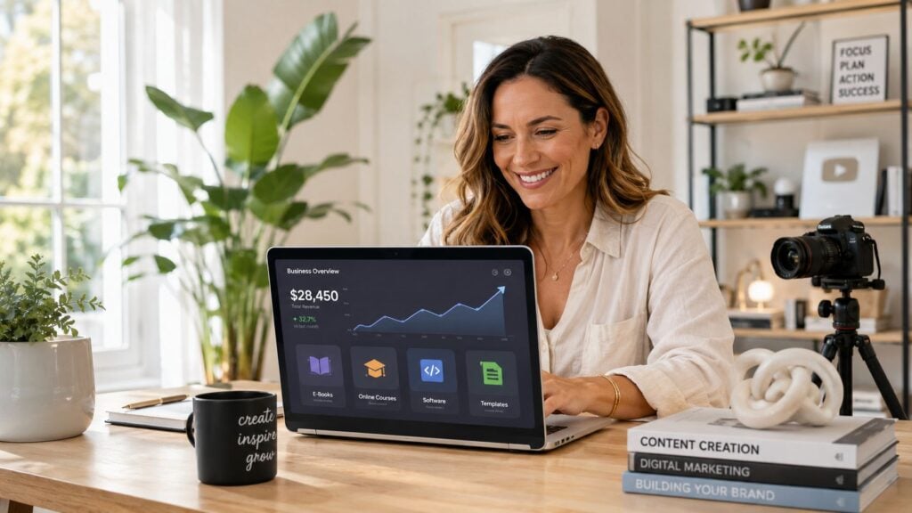 A woman smiling while looking at business revenue data displayed on her laptop screen in an office.