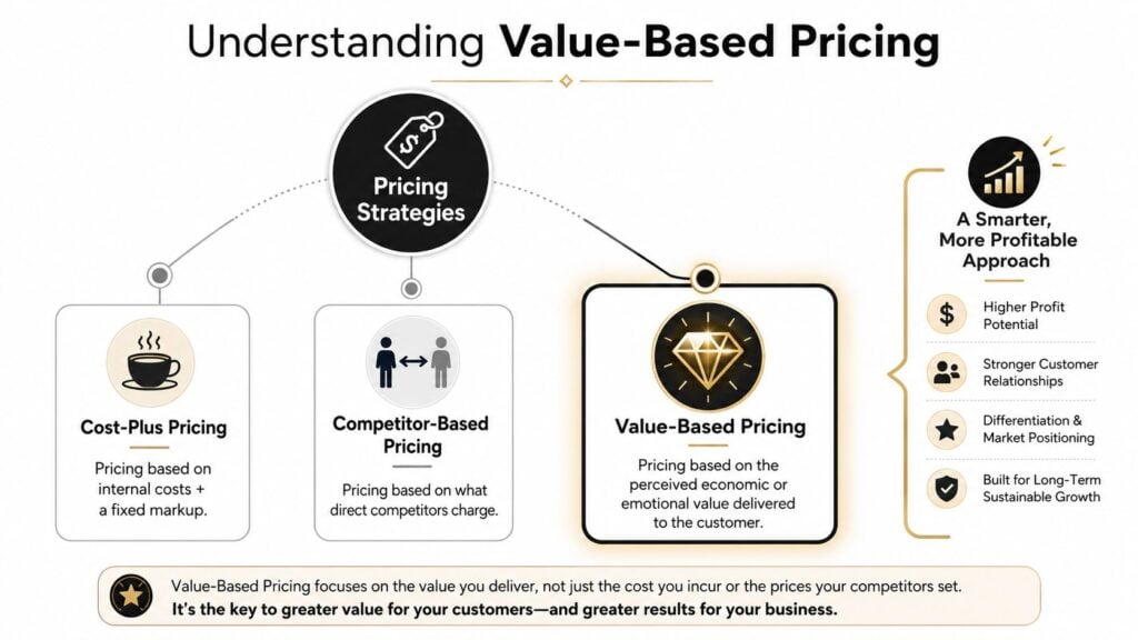 A diagram comparing cost-plus, competitor-based, and value-based pricing strategies to explain smarter business profitability.
