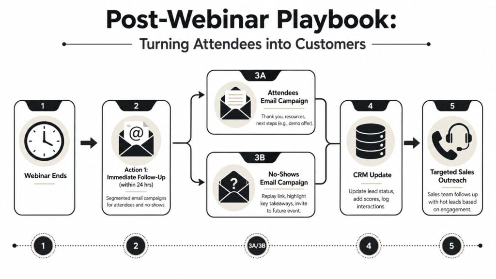 A flowchart infographic titled Post-Webinar Playbook detailing five steps to convert webinar participants into sales customers.