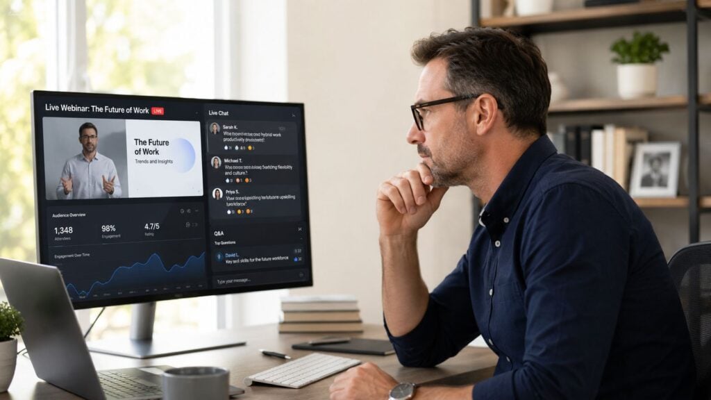 A professional man watches a live webinar about the future of work on his office computer screen.
