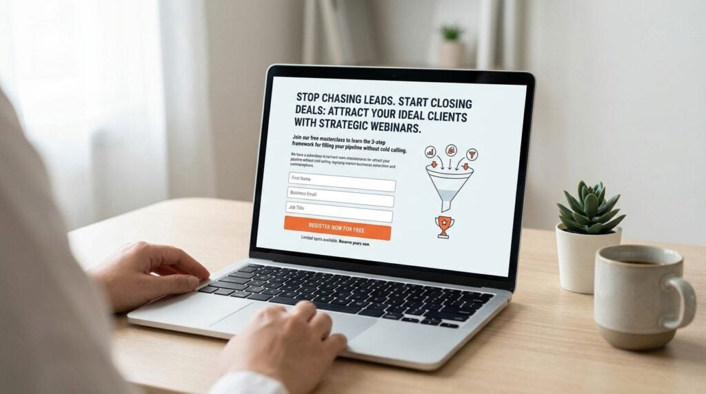 A person using a laptop to register for a business webinar on lead generation and closing deals.