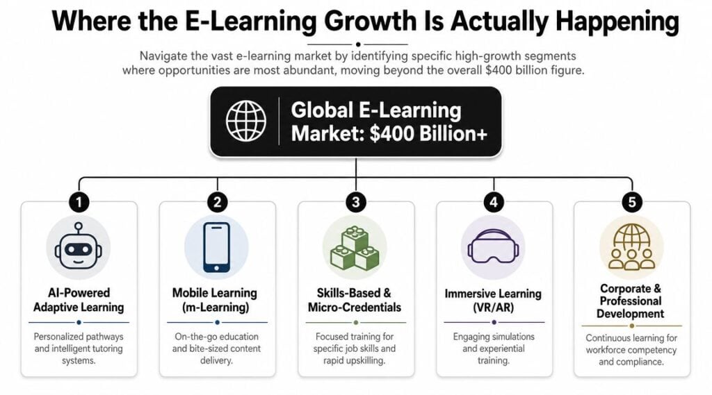 An infographic showing five high-growth segments within the global e-learning market worth over four hundred billion dollars.