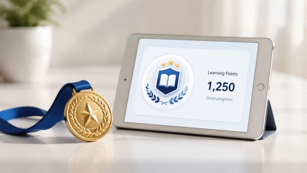 A tablet displaying 1,250 learning points alongside a gold medal, symbolizing academic achievement and success.