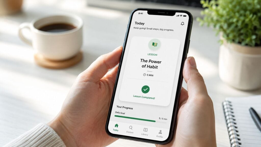 A person holding a smartphone displaying an educational mobile app interface focused on daily habit tracking progress.