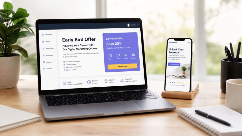 A modern laptop and mobile phone displaying an early bird online course offer on a wooden desk.
