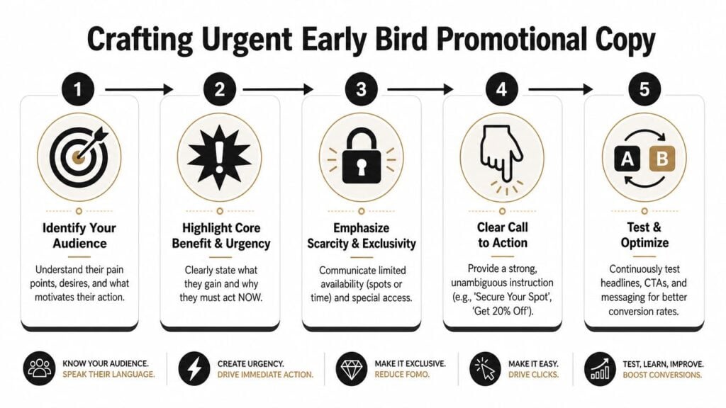 A five-step infographic showing how to craft effective early bird promotional copy for marketing campaigns.