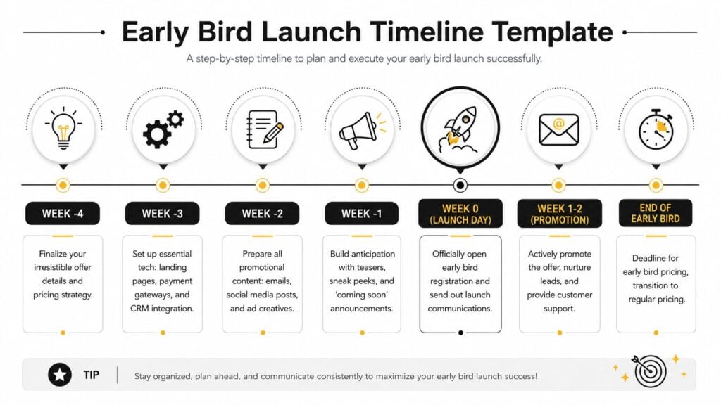 A detailed step-by-step timeline infographic for planning and executing a successful early bird product launch campaign.