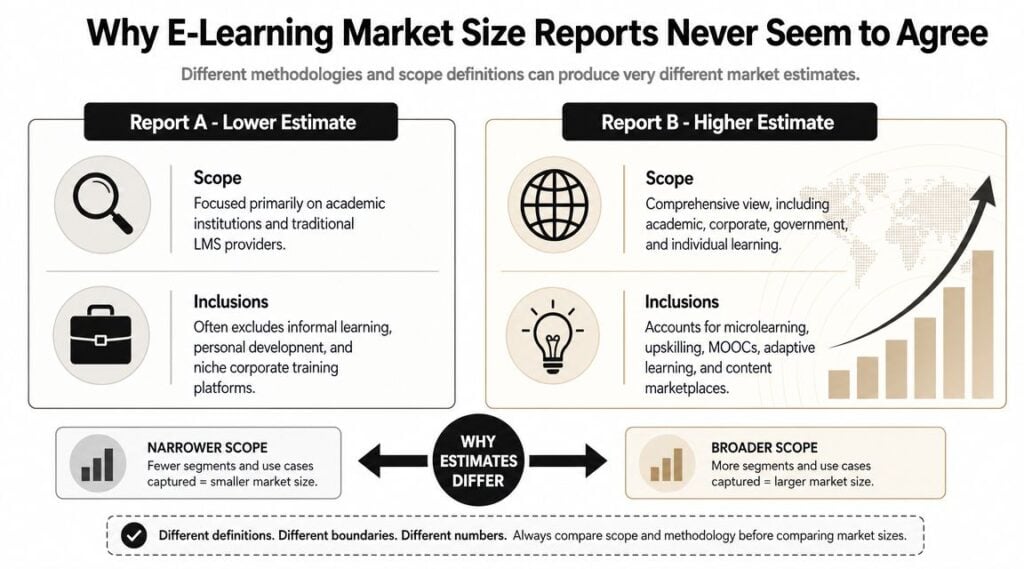 A comparison chart explaining why e-learning market size reports show different estimates based on scope and methodology.