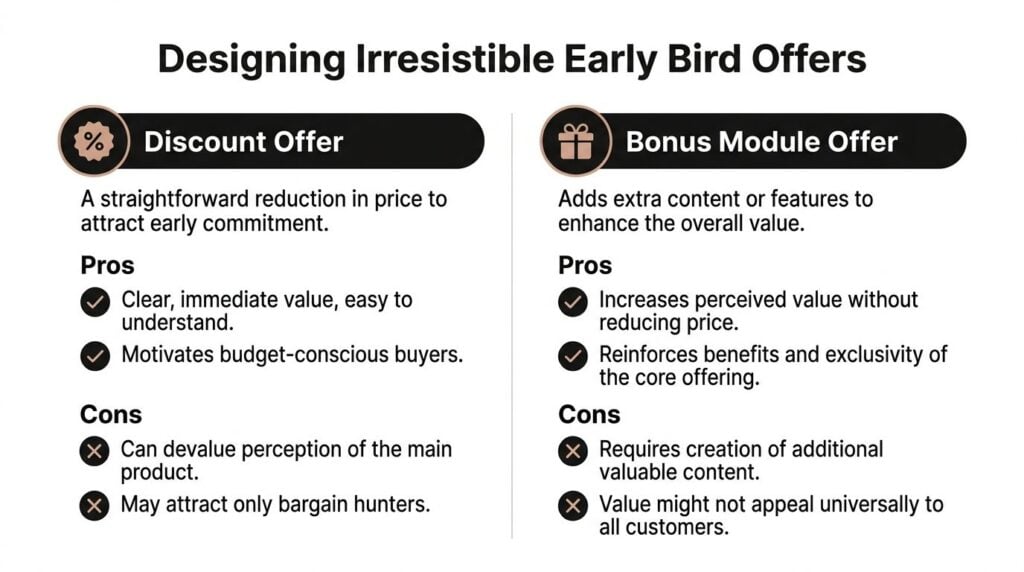 A comparison chart outlining the pros and cons of using discount versus bonus module early bird offers.