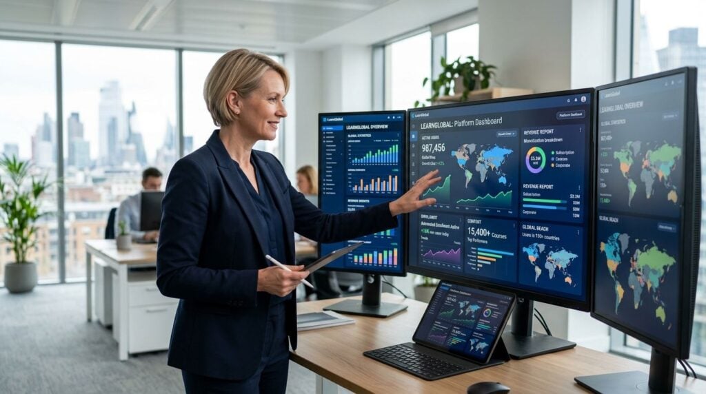 A professional woman in a business suit analyzing digital data dashboards on multiple office monitors.