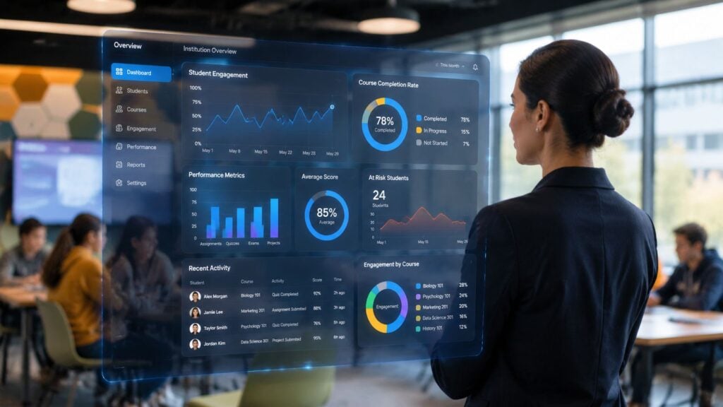 A professional woman viewing a holographic dashboard display showing data analytics of student engagement and course performance.