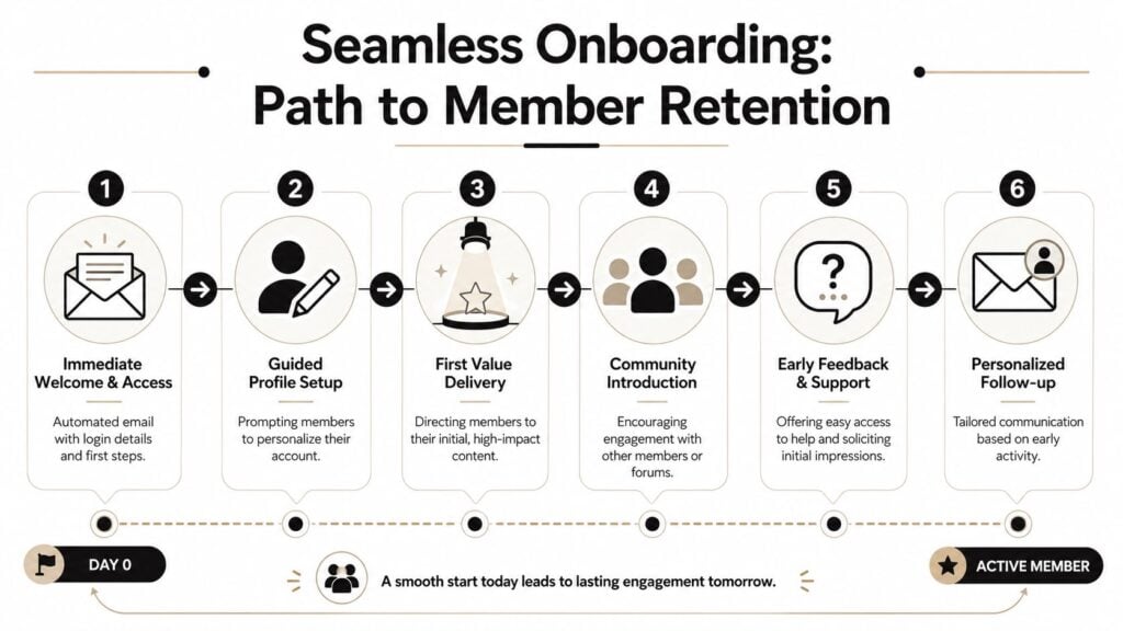 A six-step infographic illustrating a seamless onboarding process for new members to ensure long-term retention.