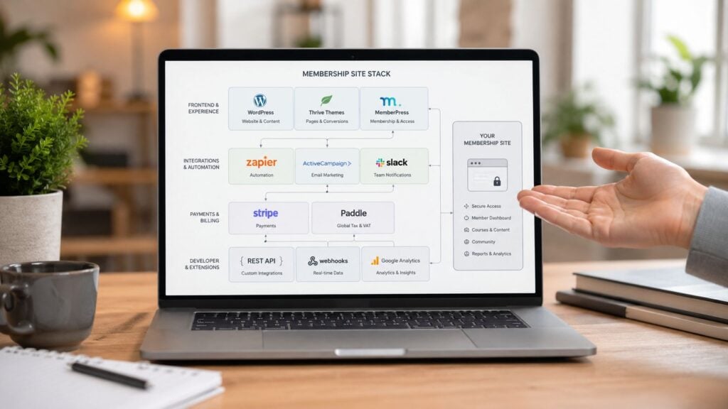 A laptop screen displaying a membership site architecture diagram with various software tools and integration flows.