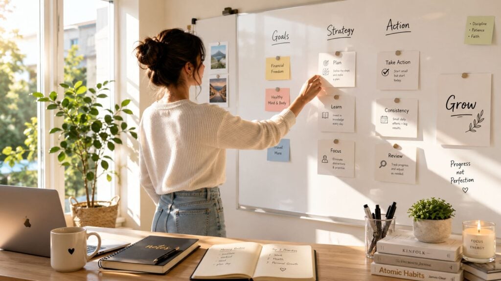 A woman stands in a sunlit home office planning her daily goals on a large whiteboard.