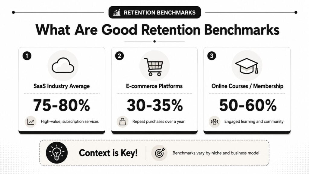 An infographic showing retention benchmarks for SaaS, e-commerce, and online course business models.