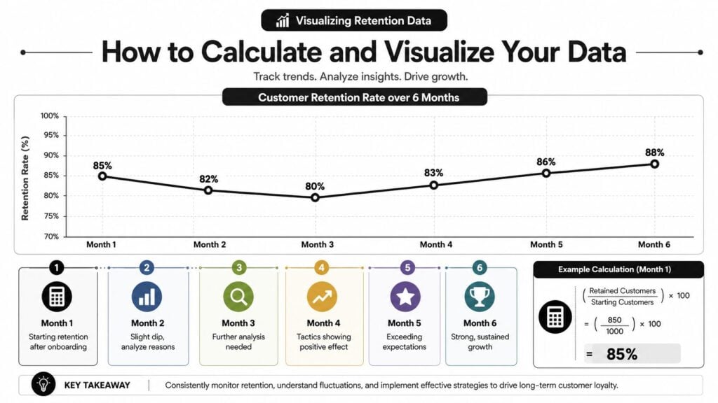 A line chart showing customer retention rate over six months with a corresponding example calculation.