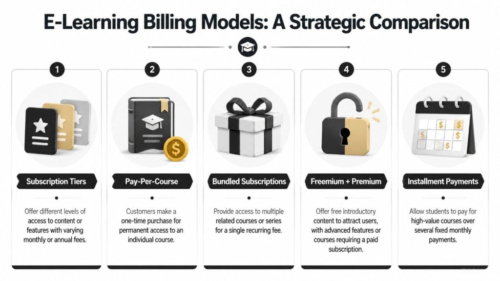 A strategic comparison infographic displaying five different e-learning billing models for online education platforms.