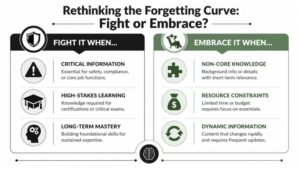A comparison chart showing when to fight or embrace the forgetting curve in learning and education.
