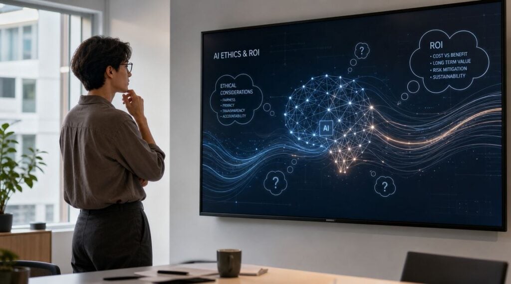 A professional analyzing a digital display featuring AI brain visualization, ethical considerations, and ROI metrics.