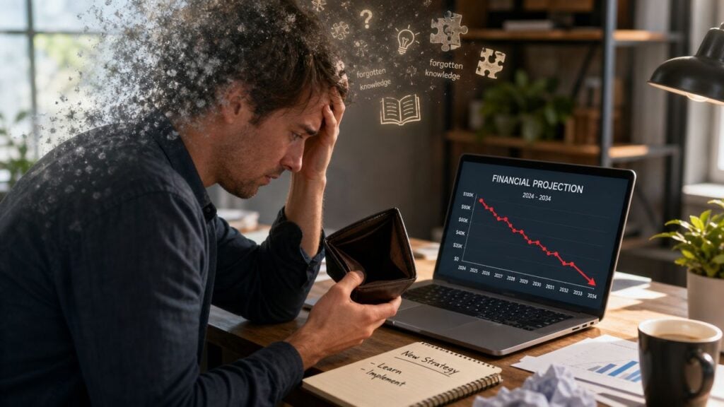 A distressed man staring at an empty wallet with a declining financial graph displayed on his laptop.