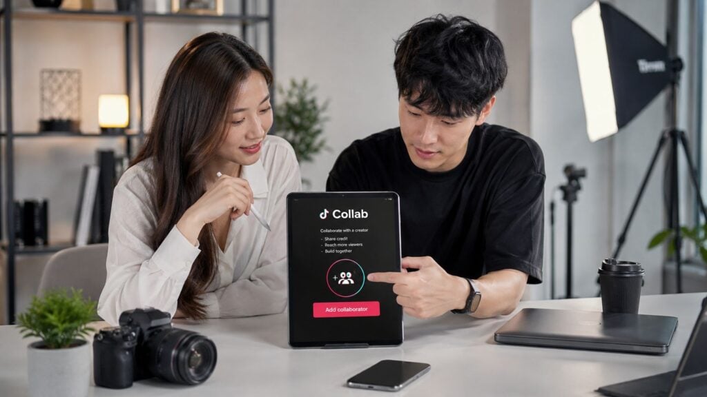 A woman and a man collaborating together while using a tablet with the TikTok Collab interface.