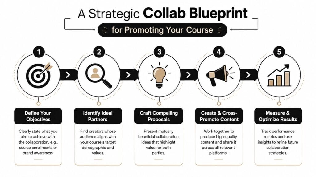 A five-step strategic infographic titled Collab Blueprint for Promoting Your Course with corresponding icons and descriptions.