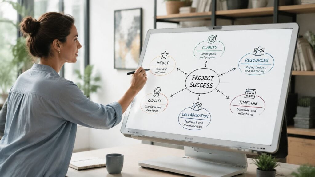 A businesswoman pointing at a digital display showing a project success concept diagram in a bright office.