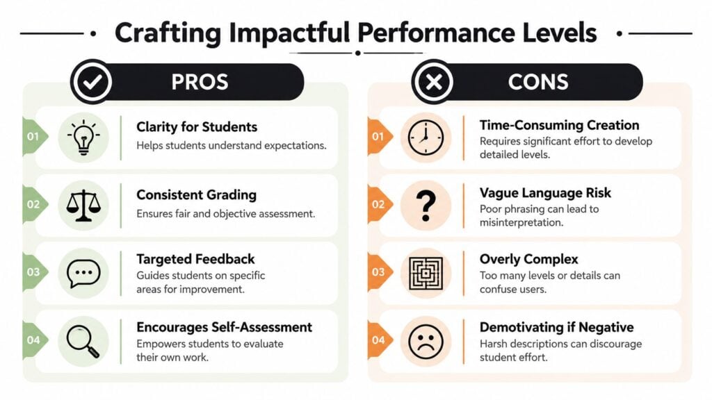 An infographic comparing the pros and cons of crafting impactful performance levels for student assessment rubrics.