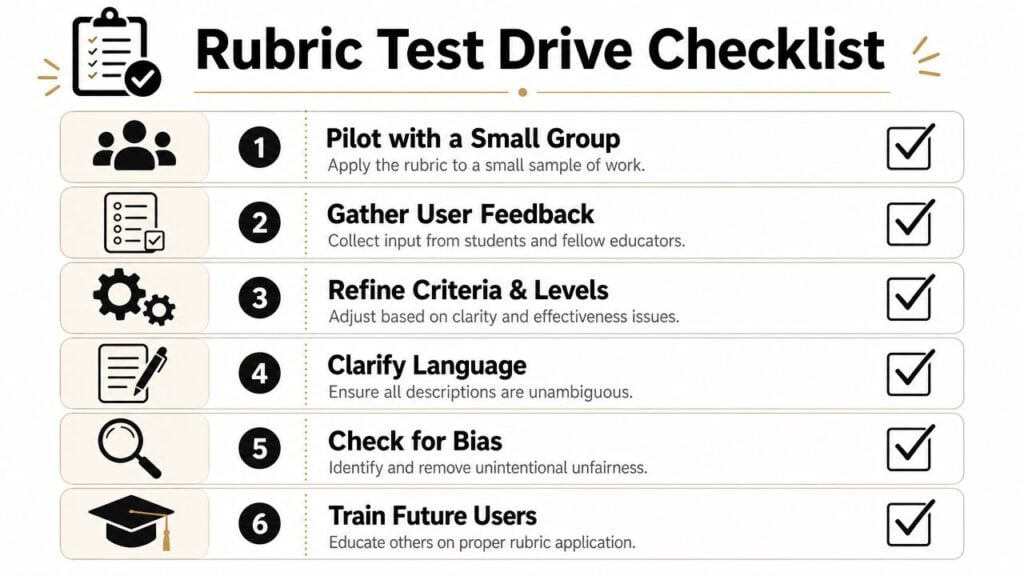 A six-step checklist infographic for piloting and refining educational assessment rubrics to ensure quality and fairness.