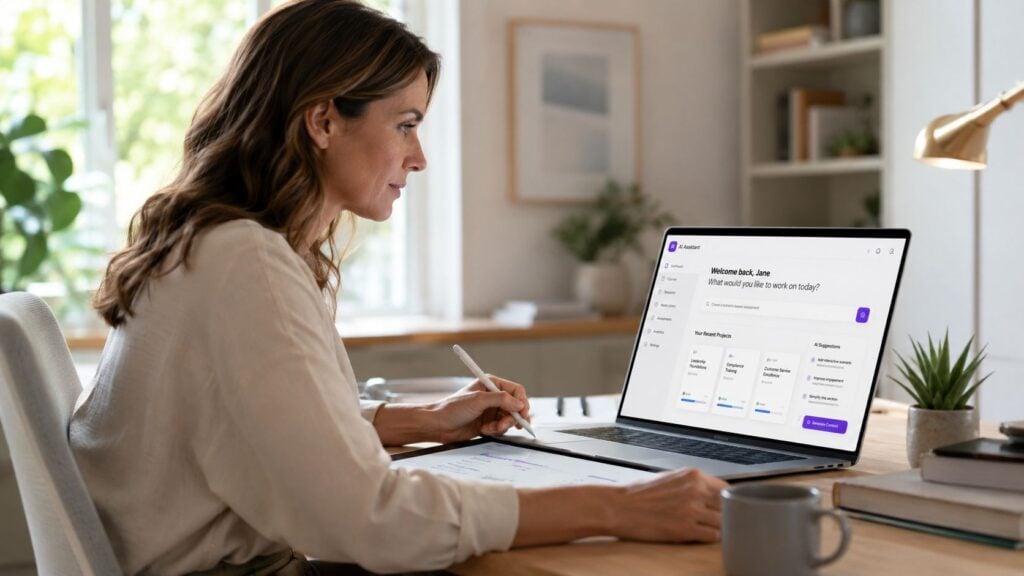 A professional woman working on instructional design software using a stylus on her laptop at her desk.