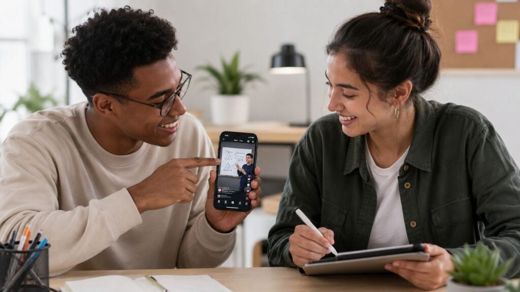 A diverse male and female student studying together while viewing educational content on a smartphone screen.
