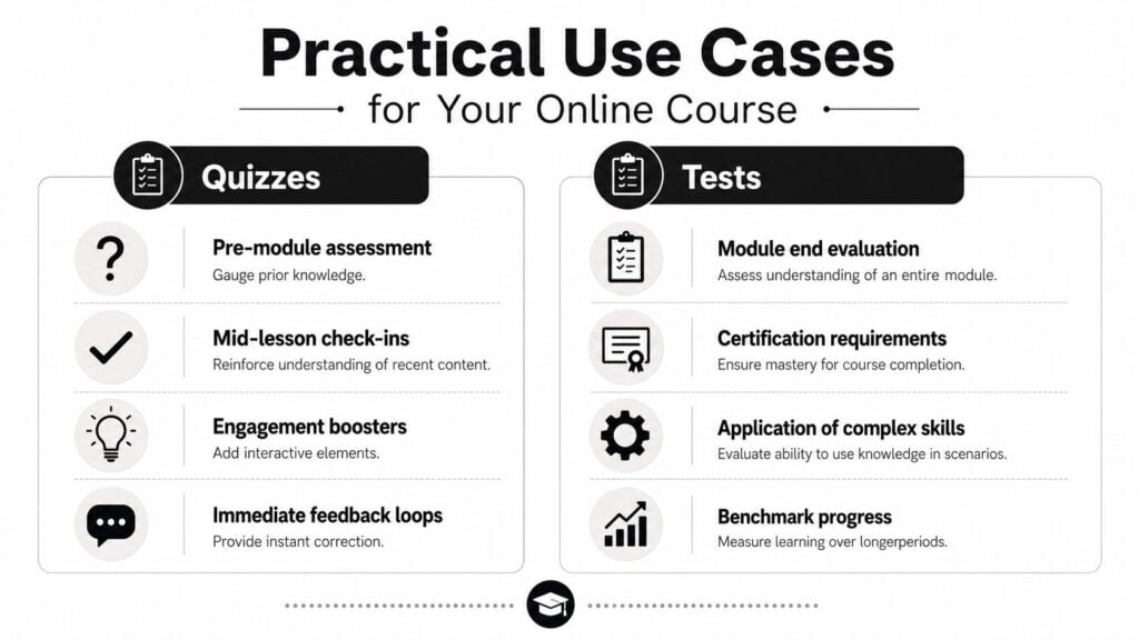 A comparison chart outlining practical use cases for quizzes versus tests in an online course setting.
