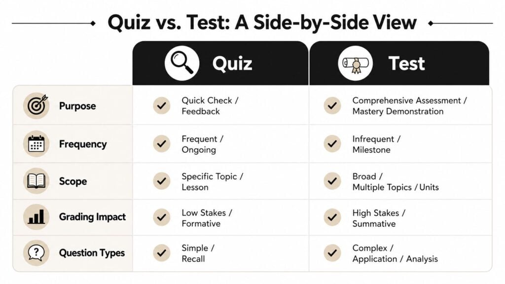 A comparison chart showing the key differences between a quiz and a test in educational settings.