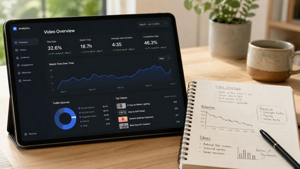 A digital tablet displaying video analytics dashboard alongside a notebook showing hand-written video strategy and retention notes.