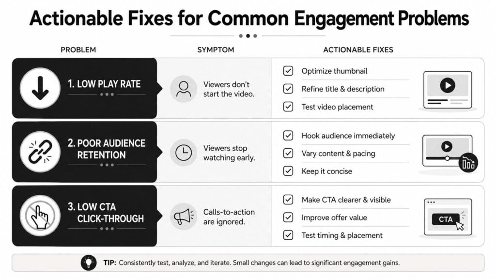 A chart illustrating actionable fixes for common video engagement problems including low play rates and audience retention.