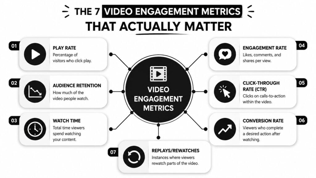 An infographic titled The 7 Video Engagement Metrics That Actually Matter displaying essential performance measurements for video content.
