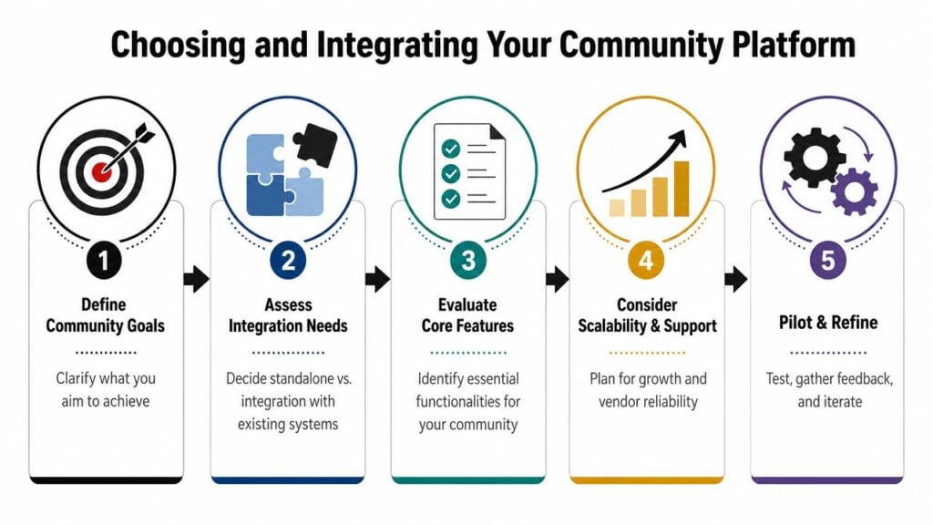 An infographic showing a five-step process for choosing and integrating an online community platform for businesses.