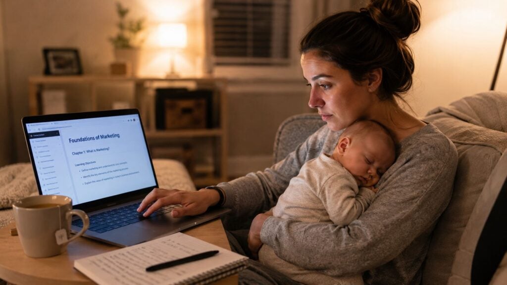 A mother works on a laptop while holding her sleeping baby in a cozy home environment.