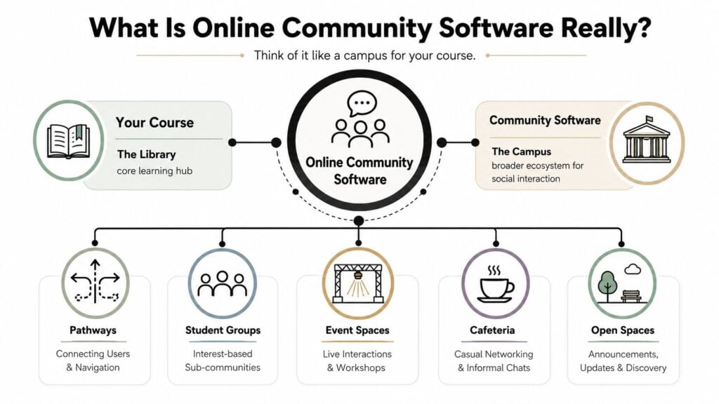 A diagram comparing online community software to a campus, highlighting its various functional spaces and features.