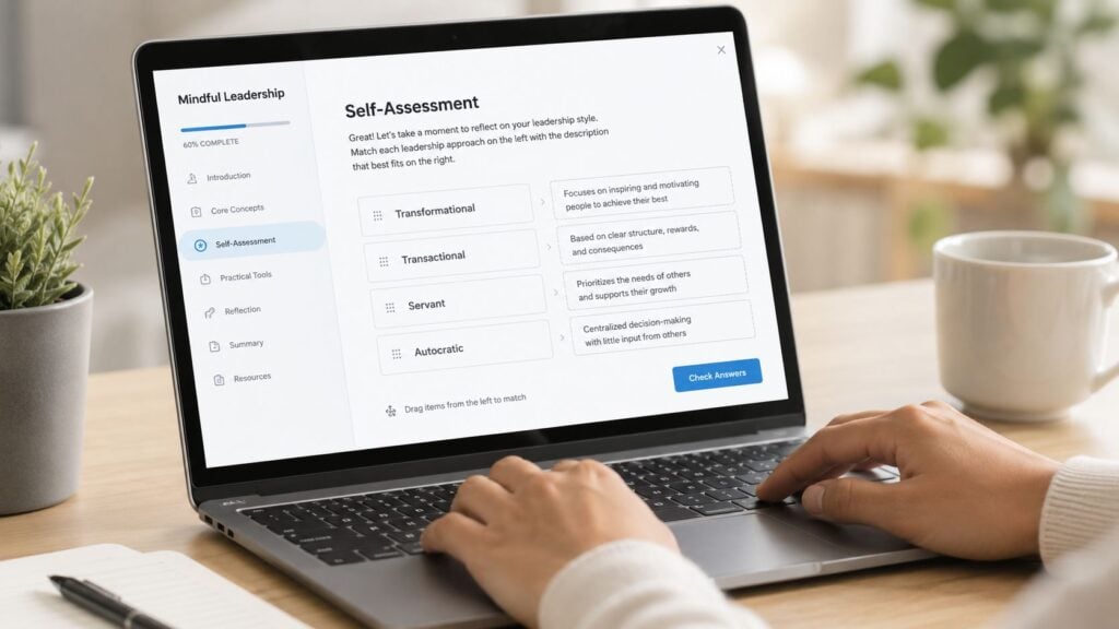 A person using a laptop to complete a digital self-assessment about different leadership styles and management concepts.