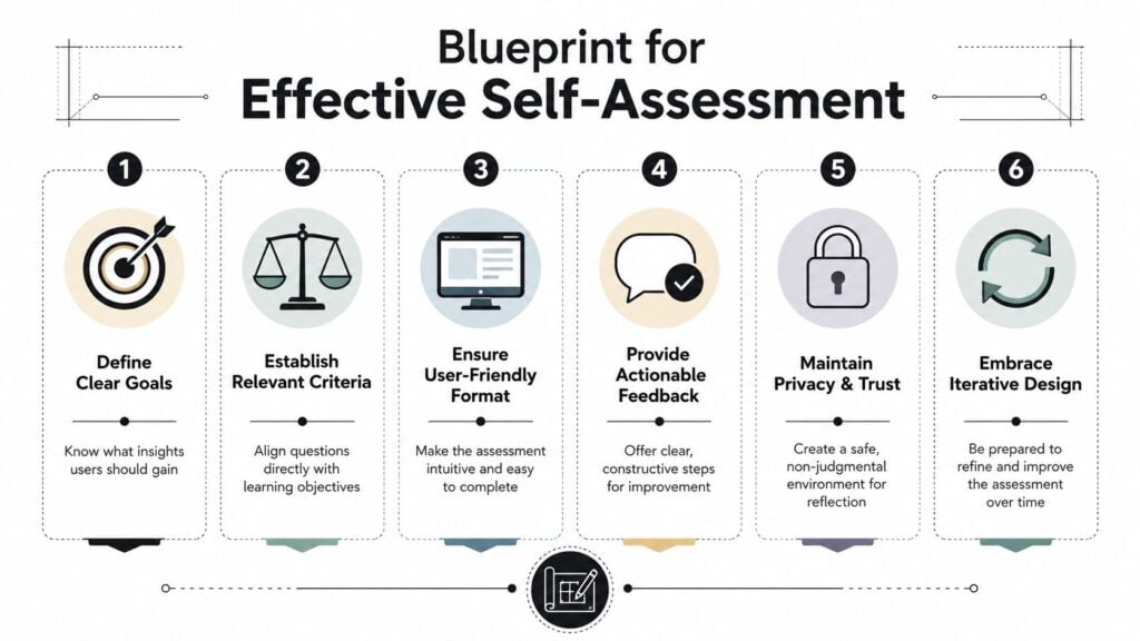 A flowchart titled Blueprint for Effective Self-Assessment detailing six numbered steps for creating successful assessment tools.