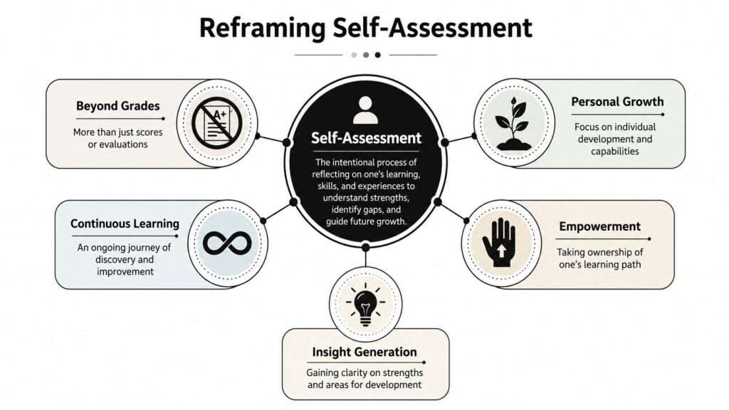 A diagram illustrating the concept of reframing self-assessment with five key benefits for personal and professional growth.