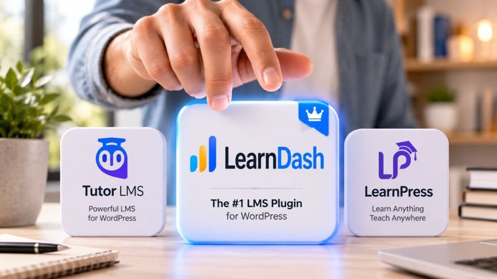 A hand touching a LearnDash icon positioned between Tutor LMS and LearnPress logos on a desk.
