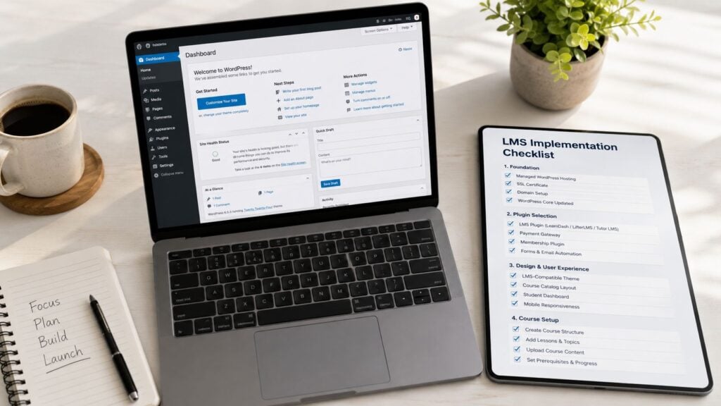 A professional workspace featuring a laptop with WordPress dashboard and a tablet displaying an LMS implementation checklist.