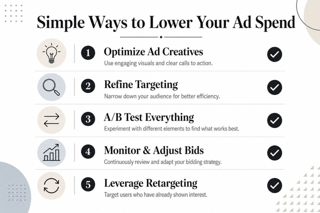A list of five simple strategies for businesses to lower their overall advertising spend and improve campaign results.