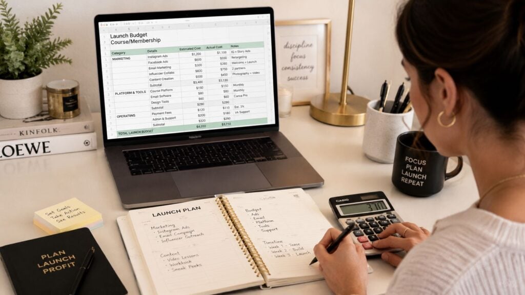 A woman working at a desk with a laptop displaying a launch budget spreadsheet and a notebook.